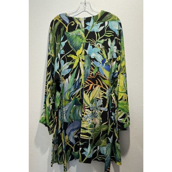 H&M Small Green Tropical Belted Kaftan Dress Birds Resort Parrot Vacation Travel - Picture 5 of 12